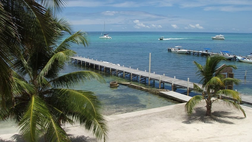 Beautiful Caribbean San Pedro beach boats Belize palm trees