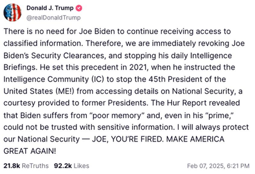 youre fired trump revokes bidens security clearances intel briefings over poor memory 