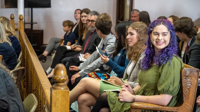 Youth plaintiffs await the start of the nation's first youth climate change trial at Montana's First Judicial District Court on June 12, 2023 in Helena, Montana.