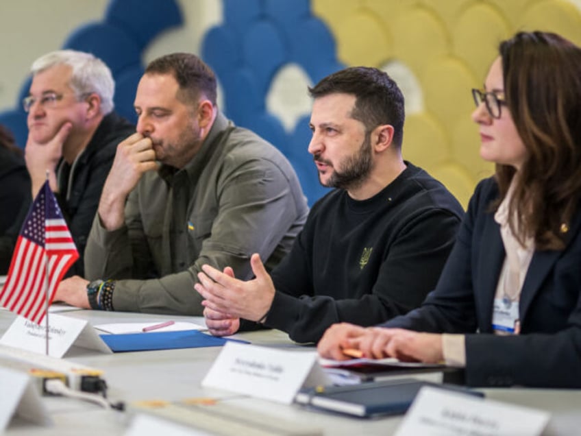 Ukrainian President Volodymyr Zelensky (2nd R) speaks with US National Security Advisor and US Secretary of State during a bilateral meeting at the annual meeting of the World Economic Forum (WEF) in Davos on January 16, 2024. (Photo by Fabrice COFFRINI / AFP) (Photo by FABRICE COFFRINI/AFP via Getty Images)