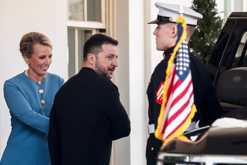 Volodymyr Zelenskiy, Ukraine's president, center, departs following a meeting with US