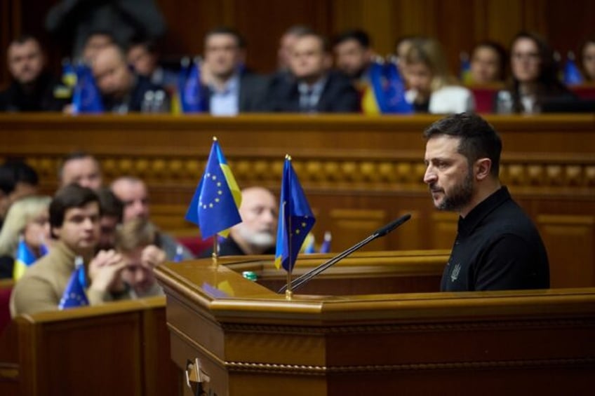 Ukraine President Volodymyr Zelensky addresses members of the Ukrainian parliament in Kyiv