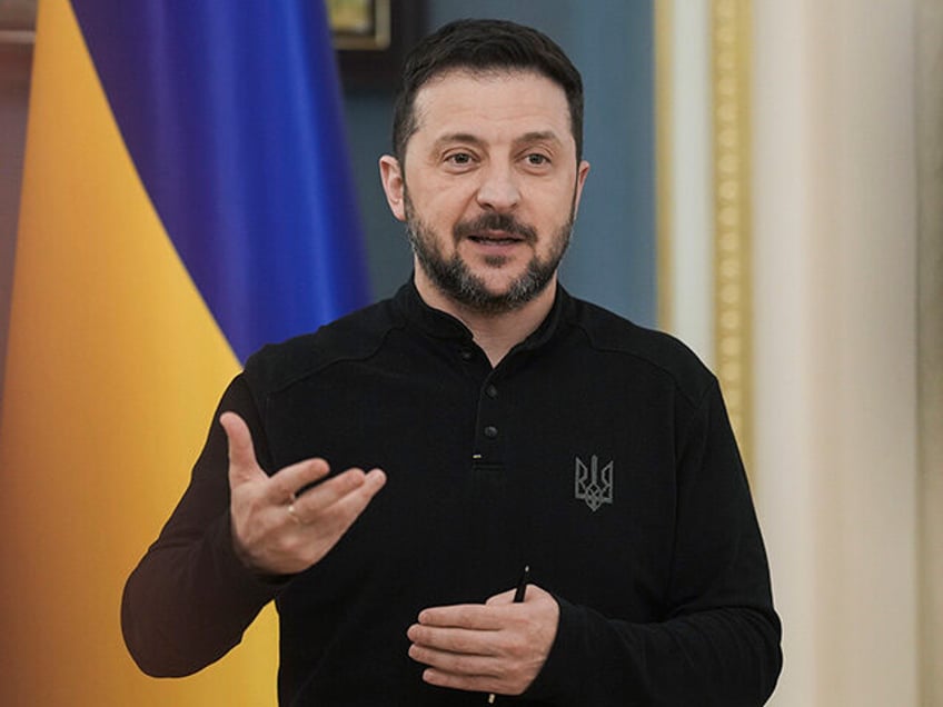 Ukrainian President Volodymyr Zelenskyy speaks during a briefing in Kyiv, Ukraine, Friday,