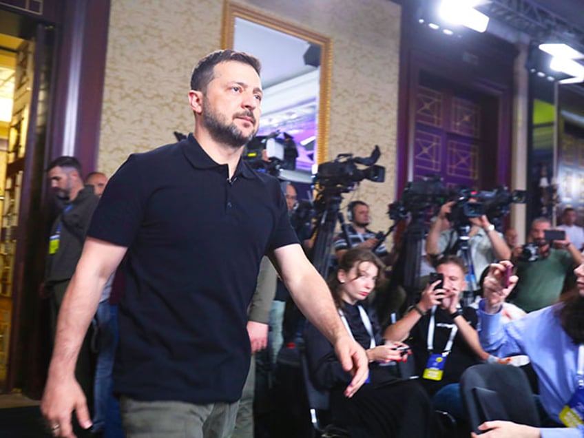 President of Ukraine Volodymyr Zelenskyy arrives for a news conference during the 'Ukraine 2024 Independence Forum', Kyiv. (Photo credit should read OLEKSANDR KLYMENKO / Ukrinform/Future Publishing via Getty Images)