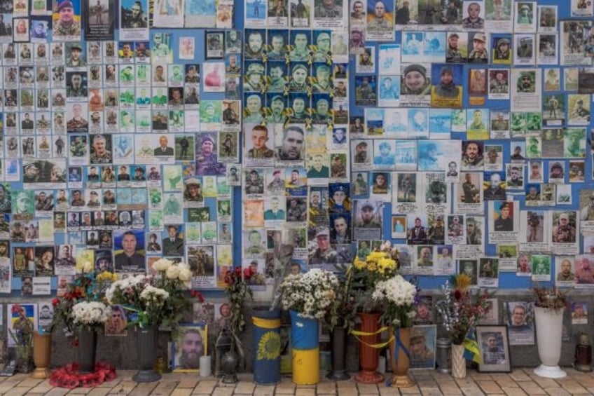 'The Wall of Remembrance of the Fallen for Ukraine' in central Kyiv -- a memorial for tens