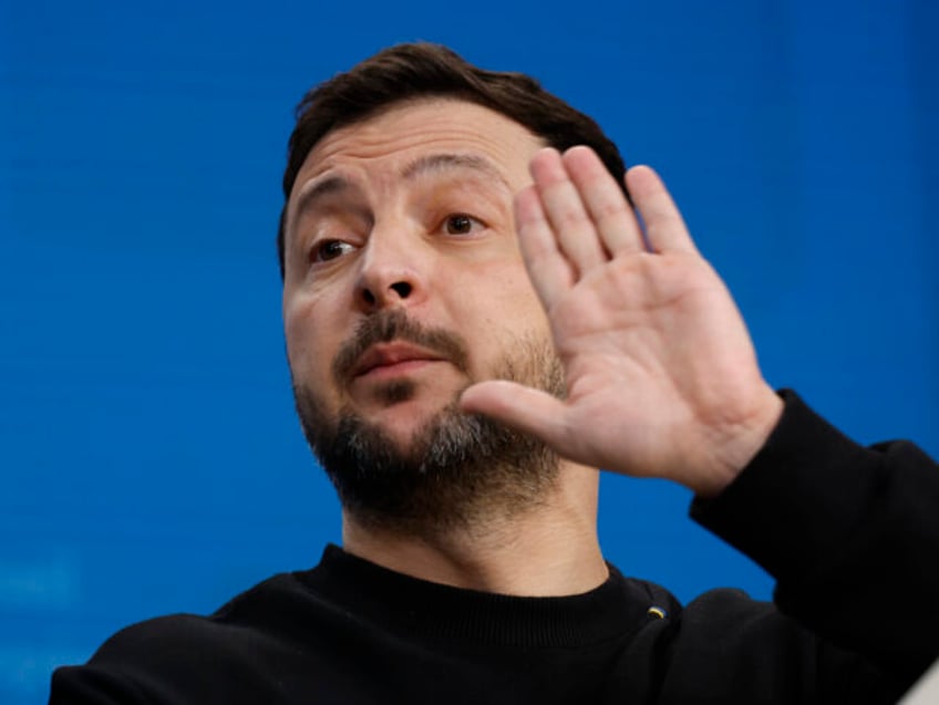 Ukraine's President Volodymyr Zelenskyy speaks addresses a media conference during an