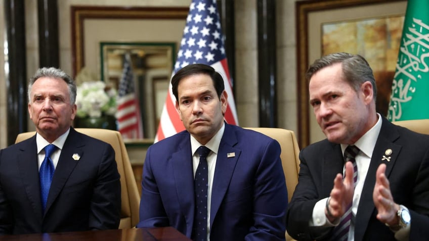 U.S. Secretary of State Marco Rubio, U.S. National Security Advisor Mike Waltz and U.S. Middle East envoy Steve Witkoff attend an interview after meeting with Russian Foreign Minister Sergei Lavrov and Russian President Vladimir Putin's foreign policy advisor Yuri Ushakov