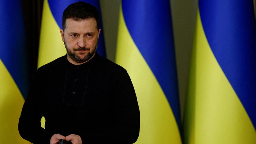 Ukrainian President Volodymyr Zelenskiy looks on during a briefing with visiting U.S. Secretary of the Treasury Scott Bessent (not pictured), in Kyiv, Ukraine, February 12, 2025.